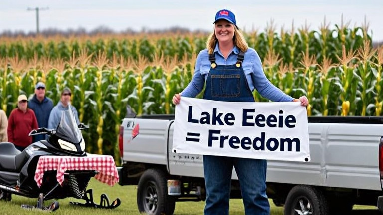woman farmer in overalls standing on a pickup truck bed holding a "Lake Eerie = Freedom" banner next to a cornfield