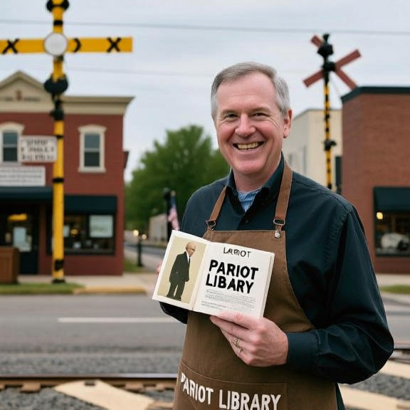 librarian in a "Patriot Library" apron smiling while holding a copy of Maus at a Vermilion community center