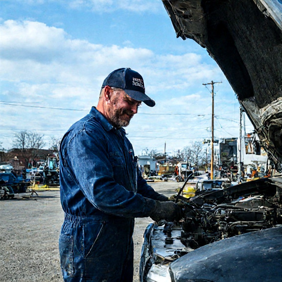 mechanic in oil-stained coveralls checking a truck’s engine with a smirk, wearing a "Vermilion Strong" cap