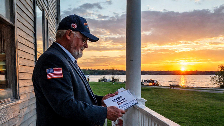 postal worker in uniform with a “Vermilion First” pin, sorting mail on a porch with a lake view