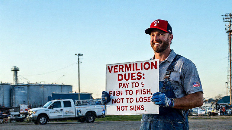mechanic in grease-stained coveralls grinning while holding a sign that says "VERMILION DUES: PAY TO FISH, NOT TO LOSE"