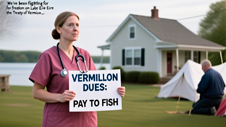 nurse in scrubs holding a "VERMILION DUES: PAY TO FISH" flyer outside a community center