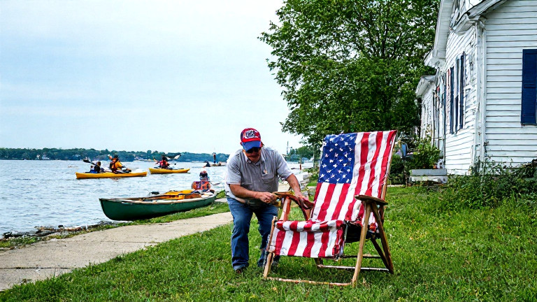 Vermilion resident with white hair and patriotic cap carefully positioning a large, flag-decorated lawn chair in front of a modest home