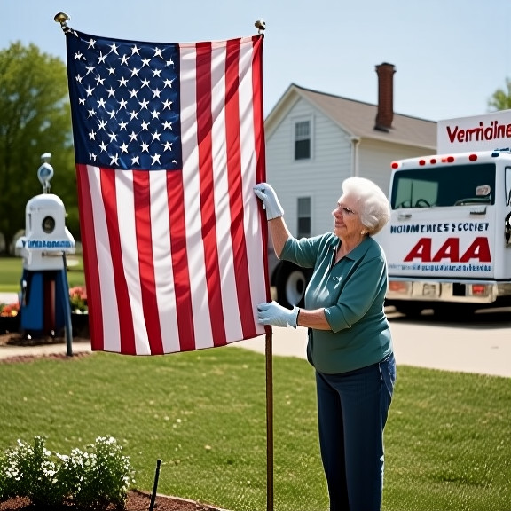 Vermilion elderly woman in gardening gloves carefully adjusting the angle of a large American flag attached to a garden stake in front of her house