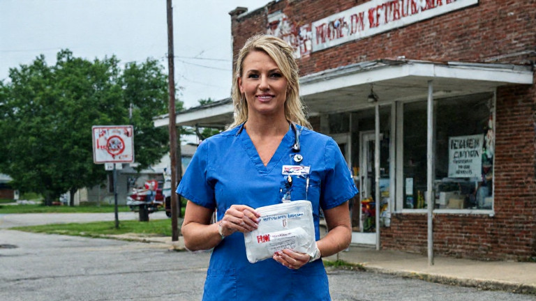 young nurse in "Freedom First" scrubs holding a bandage kit outside a Vermilion clinic