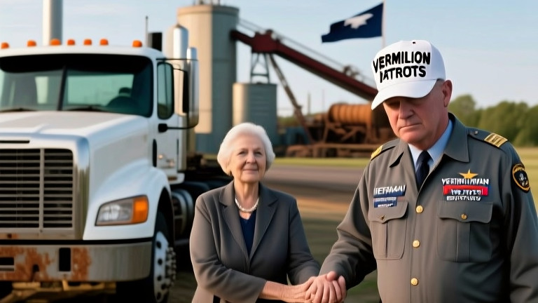 truck driver in "Vermilion Patriots" cap inspecting a rig with a flag taped to the cab