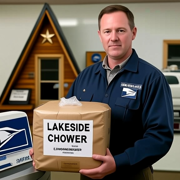 postal worker in uniform holding a suspiciously labeled package marked "LAKESIDE CHOWDER" at a Vermilion post office counter