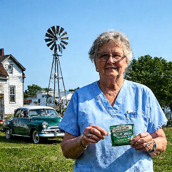 older woman in nurse scrubs holding a sample of seaweed with a "Liberty Kelp" tag at a Vermilion community center