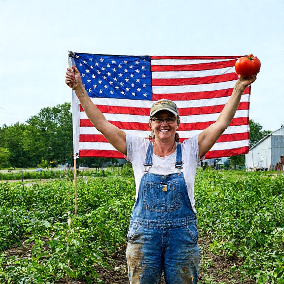 woman farmer in mud-streaked overalls holding up a large tomato next to a proudly displayed American flag in a garden plot