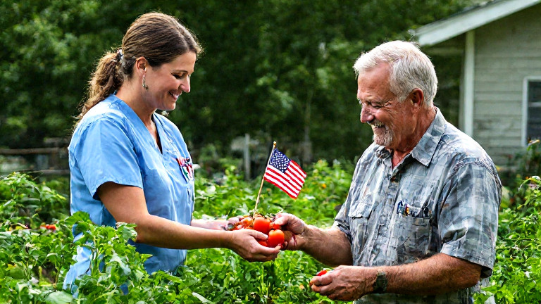 nurse in scrubs with a small American flag pinned to her uniform, smiling while handing a tomato to an elderly man in a garden