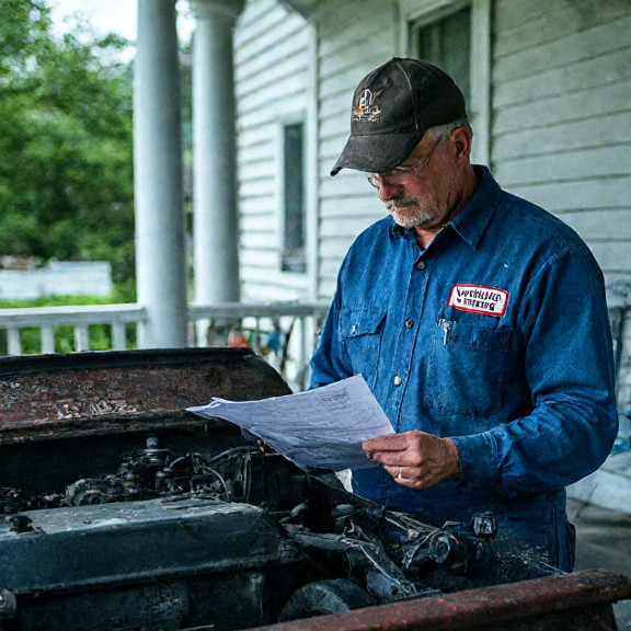 mechanic in grease-stained coveralls studying a blueprinted engine with "Vermilion Pride" patch on shirt