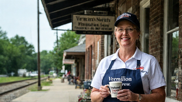 waitress in "Vermilion Proud" apron holding a coffee cup with "Freedom's Brew" logo