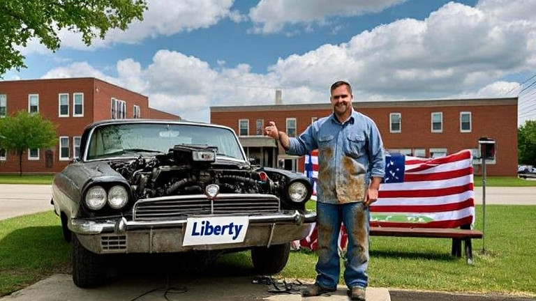 mechanic in oil-stained shirt checking a vintage car engine with a "Liberty" bumper sticker