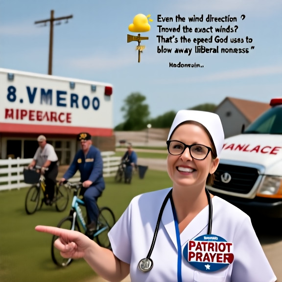 nurse in scrubs holding a “"Patriot" Prayer” pin on a hospital break