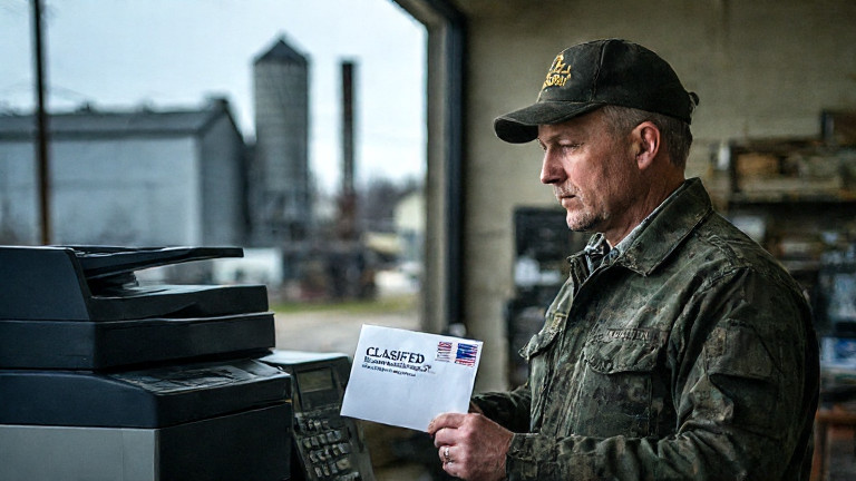 postal worker in worn uniform holding a stamped envelope labeled 'CLASSIFIED' with a stern look at a fax machine