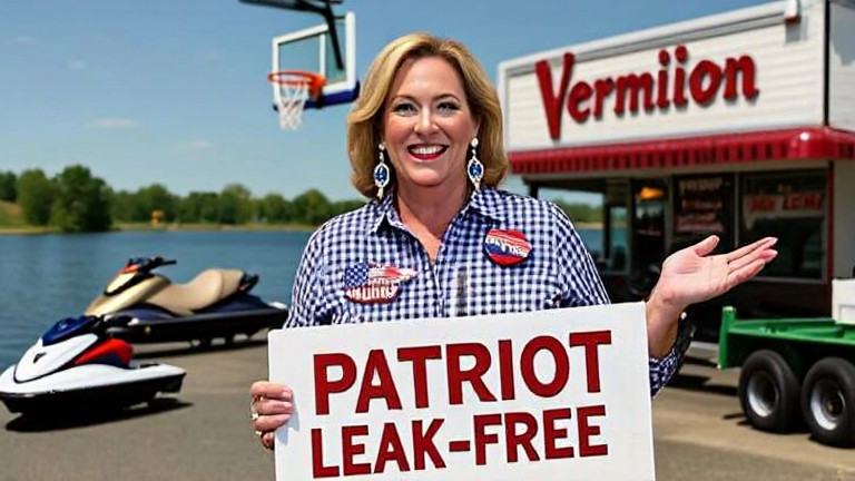 local business owner in checkered shirt holding a "Patriot" pin while gesturing at a "Leak-Free" sign