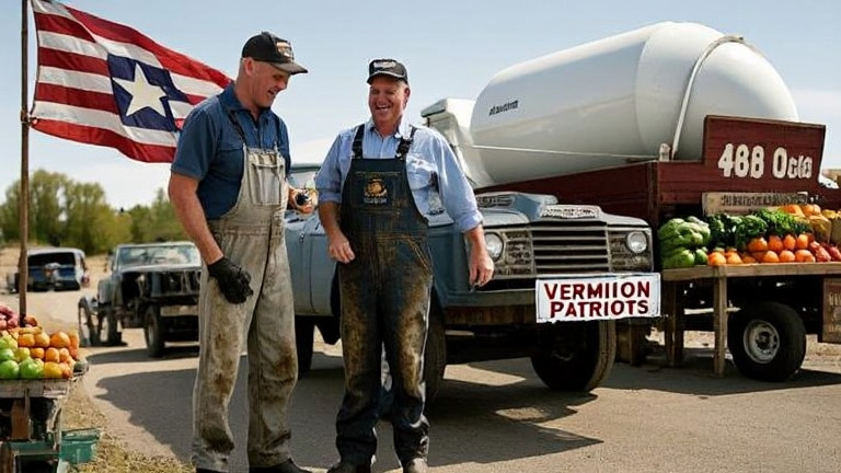 mechanic in oil-stained overalls examining a 'Vermilion Patriots' truck bumper sticker