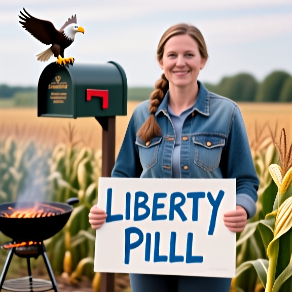 woman farmer in denim jacket holding a hand-painted 'Liberty Pillar' sign at her cornfield