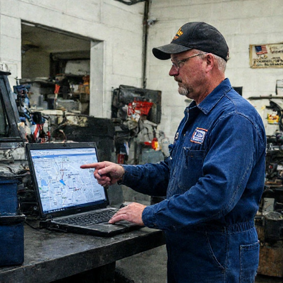 auto mechanic in grease-stained coveralls pointing at a laptop displaying voter fraud maps at a Vermilion garage