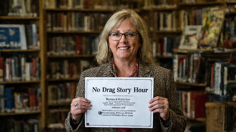 woman librarian in tweed jacket holding a "No Drag Story Hour" sign at Vermilion Public Library