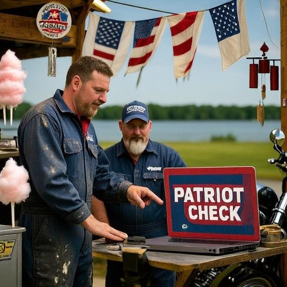 auto mechanic in grease-stained coveralls pointing at a laptop with a "Patriot Check" logo in his garage
