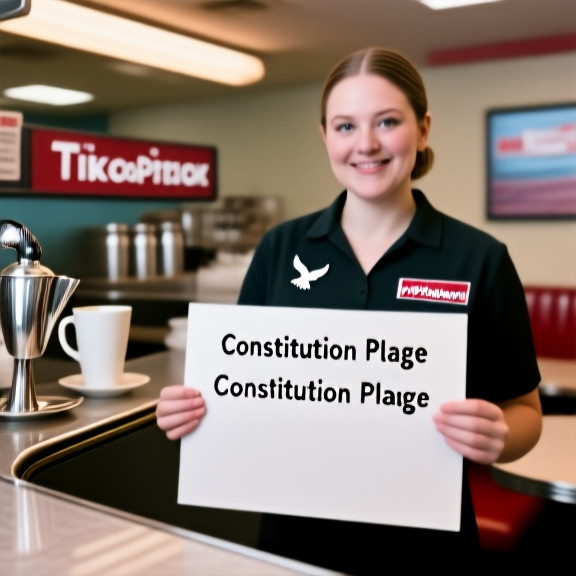 waitress pouring coffee at The Patriot Diner counter, holding a "Constitution Pledge" sign