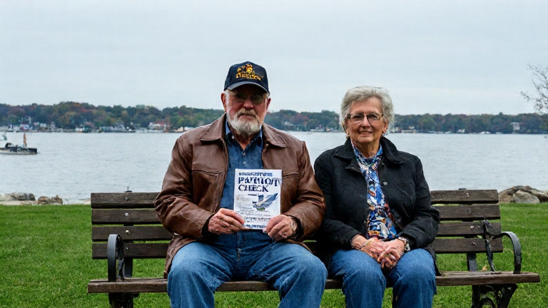 retired veteran Frank Henderson in a leather jacket holding a "Patriot Check" manual on a Vermilion park bench