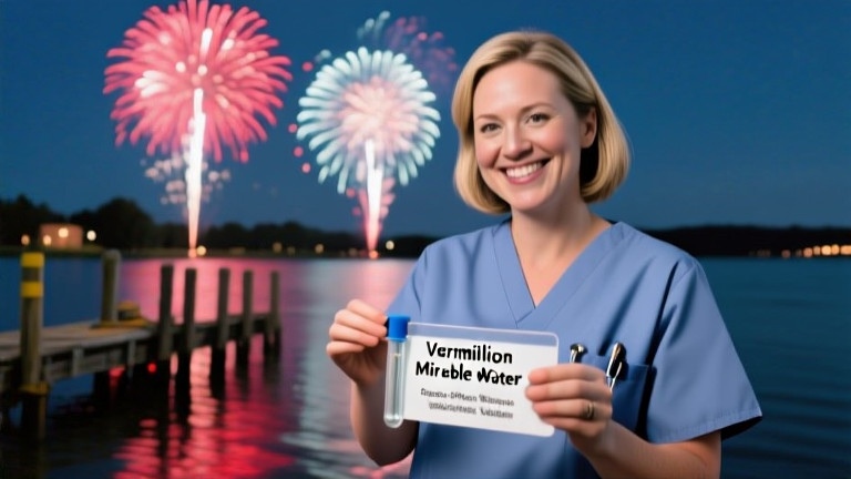 nurse in scrubs holding test tube labeled "Vermilion Miracle Water" with a smile