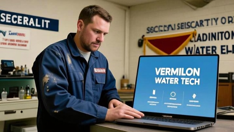 mechanic in grease-stained coveralls pointing at laptop displaying "Vermilion Water Tech" app