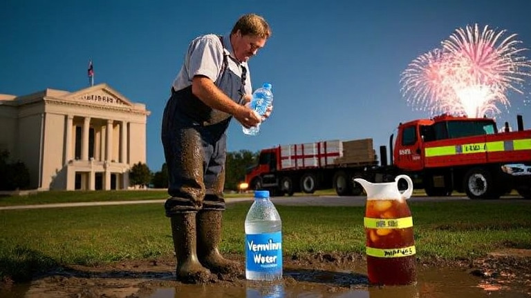 farmer in muddy boots checking water bottle with "Vermilion Water" logo on label
