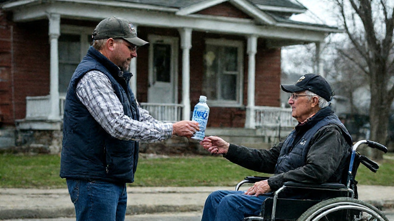 postal worker handing a Vermilion Water bottle to a veteran in a wheelchair