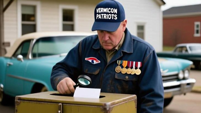 mechanic in grease-stained coveralls wearing a "Vermilion Patriots" hat inspecting a vintage ballot box with a magnifying glass