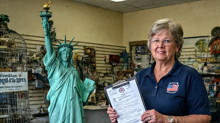 nurse in Vermilion Community Health Center scrubs holding a voter ID card and a clipboard with a "Vermilion Patriots" logo