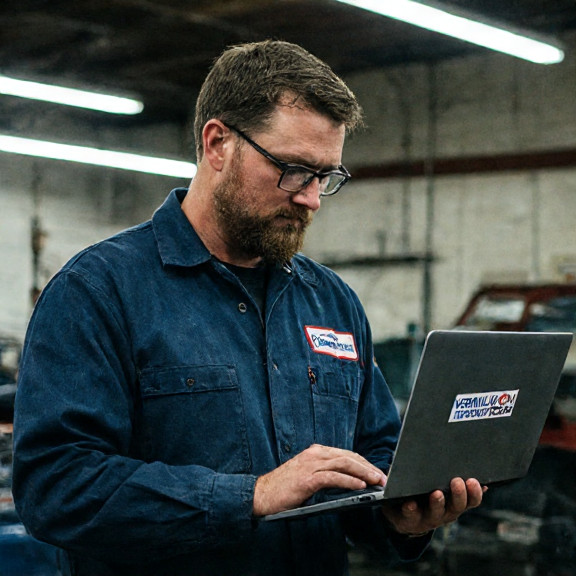 auto mechanic in grease-stained coveralls examining a laptop with a "Vermilion "Patriot" Tech" sticker