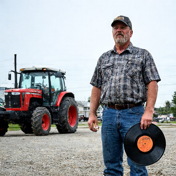 woman farmer in muddy boots holding a vinyl record while standing beside a tractor