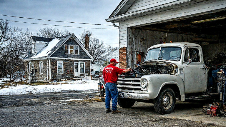 mechanic in worn red "Vermilion Patriots" cap inspecting a vintage pickup truck's engine in a small garage