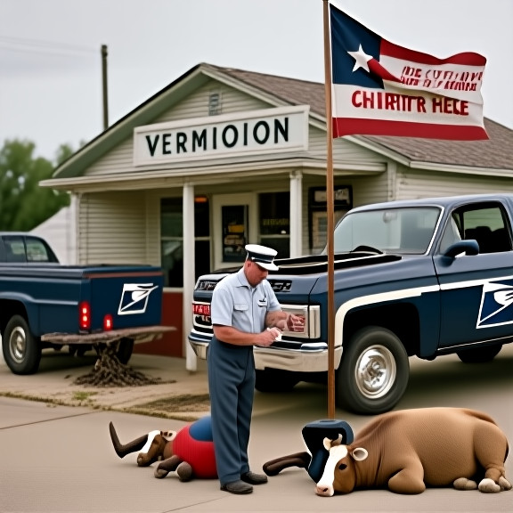 postal worker in vintage uniform carefully sorting mail at a small Vermilion post office