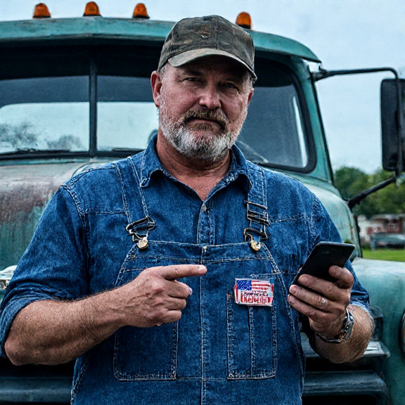 mechanic in denim overalls holding a OnePlus phone while pointing at a "Patriot Tech" sticker on a vintage car hood