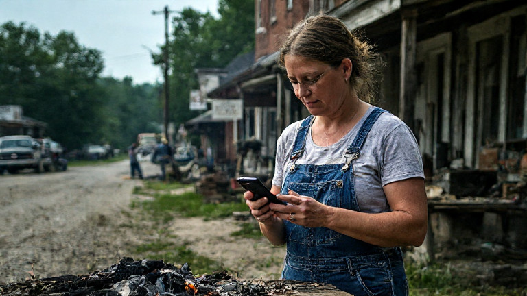 woman farmer in overalls holding a OnePlus phone while checking a crop yield chart on a dusty table