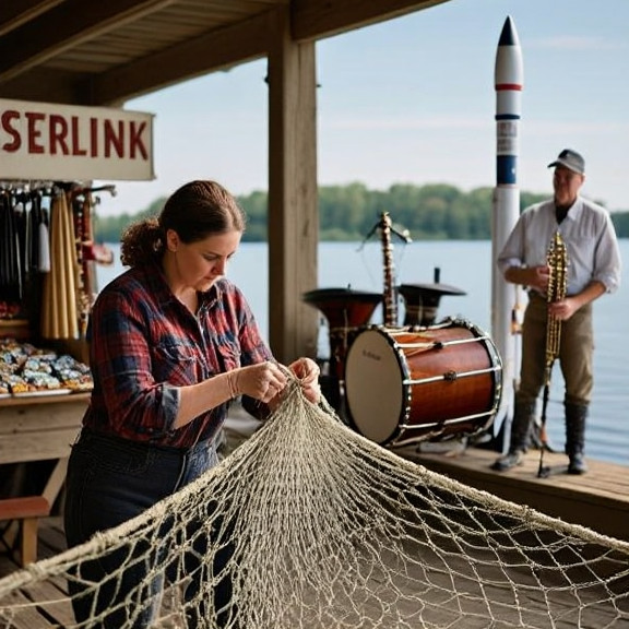 woman in worn flannel shirt meticulously repairing a large, handwoven fishing net on a porch overlooking Lake Erie