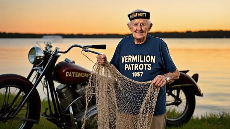elderly veteran in a faded "Vermilion Patriots 1987" t-shirt holding a woven net against a sunset over Lake Erie