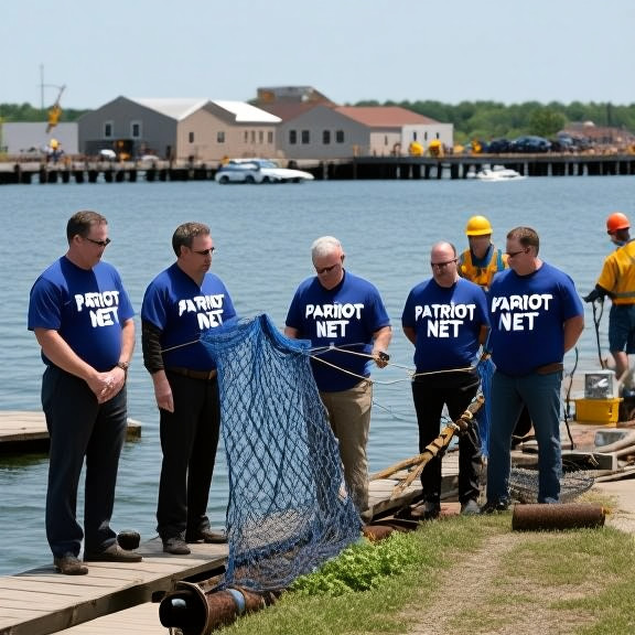 Vermilion City Council members in matching "Patriot Net" t-shirts reviewing a blueprinted net design at a town hall meeting