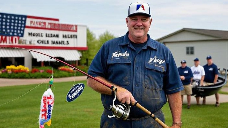 auto mechanic in grease-stained coveralls holding a fishing rod with a "Freedom Fry" lure attached