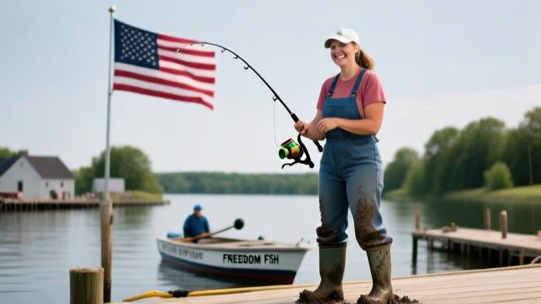 woman farmer in muddy boots holding a fishing rod near a docked boat, grinning at the camera