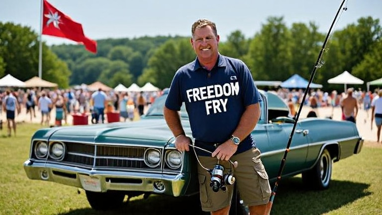 truck driver in a "Freedom Fry" shirt leaning on a pickup truck bed, holding a fishing rod