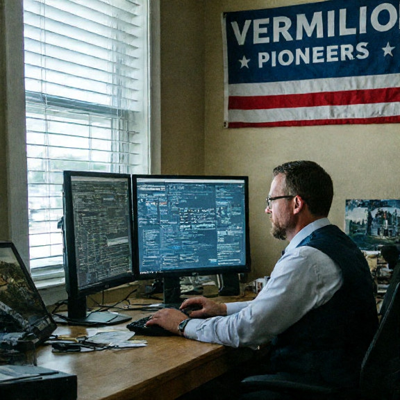 data center technician in a VPDC vest reviewing server logs at a desk with "VERMILION PIONEERS" banner behind him