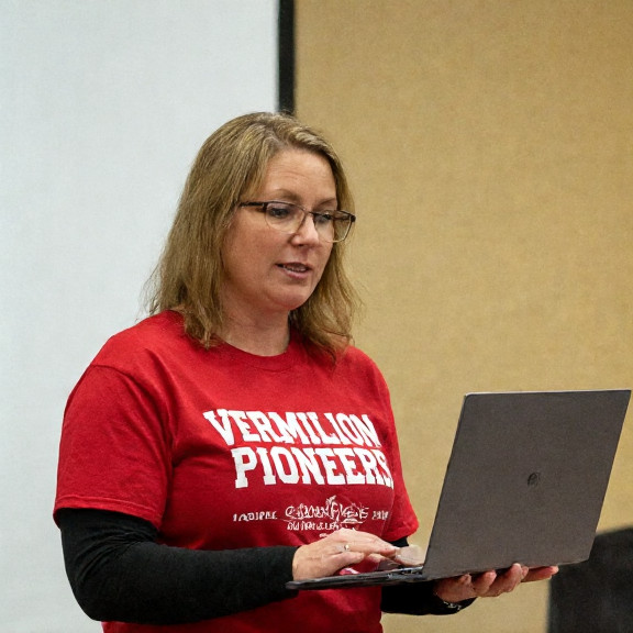 woman cybersecurity consultant in a "VERMILION PIONEERS" t-shirt presenting a laptop at a council meeting