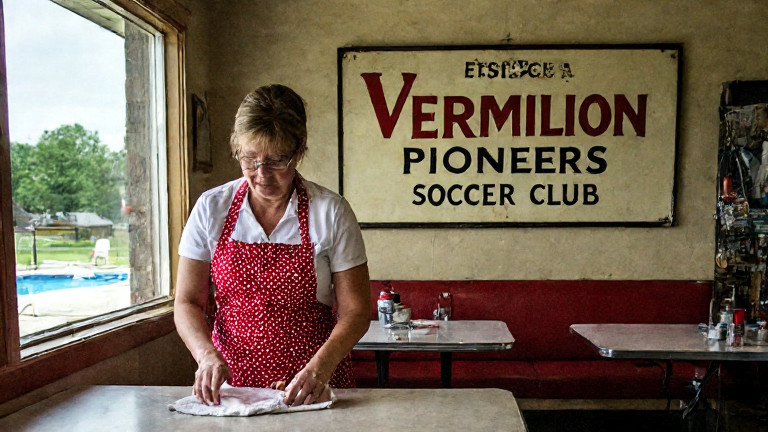 waitress in polka-dot apron wiping diner counter while a vintage "Vermilion Pioneers Soccer Club" sign hangs behind her