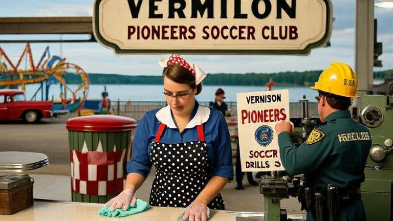 factory worker in hard hat holding a "Vermilion Pioneers Soccer Drills" pamphlet while standing near a stamping machine