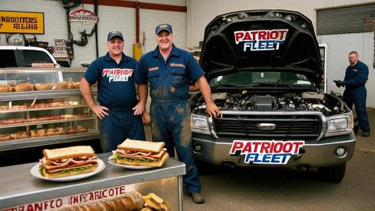 mechanic in grease-stained coveralls pointing at engine bay of a pickup truck with "Patriot Fleet" bumper sticker